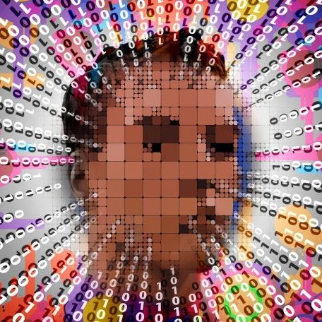 Brightly coloured geometric portrait with code elements.