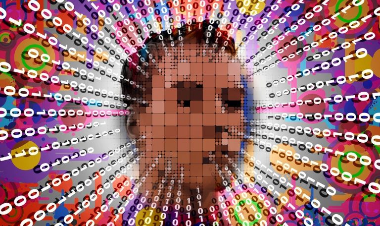 Brightly coloured geometric portrait with code elements.